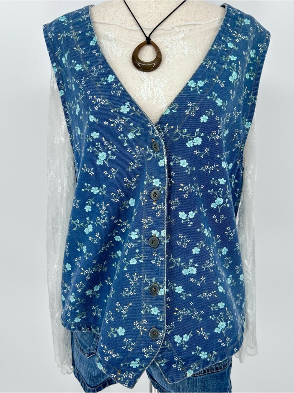 Vintage Blue Floral Denim Vest Cottagecore Y2K Button Front Tank Medium